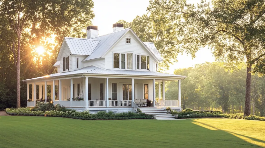 A white two-story house with a wraparound porch sits on a grassy lawn, bathed in the golden light of the setting sun. Lush green trees frame the scene, creating a peaceful and idyllic atmosphere. The house boasts a metal roof and large windows, while the porch is adorned with white railings and potted plants.  A sense of tranquility and classic southern charm permeates the image.