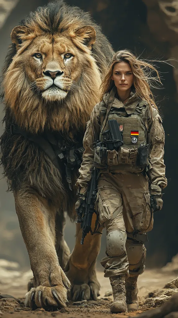 A woman in military gear, with a German flag patch on her chest, walks alongside a large, majestic lion. They both look forward with a serious expression, the lion's powerful legs and sharp claws contrasting with the woman's determination and tactical gear. The image is a powerful juxtaposition of wild nature and human resolve.