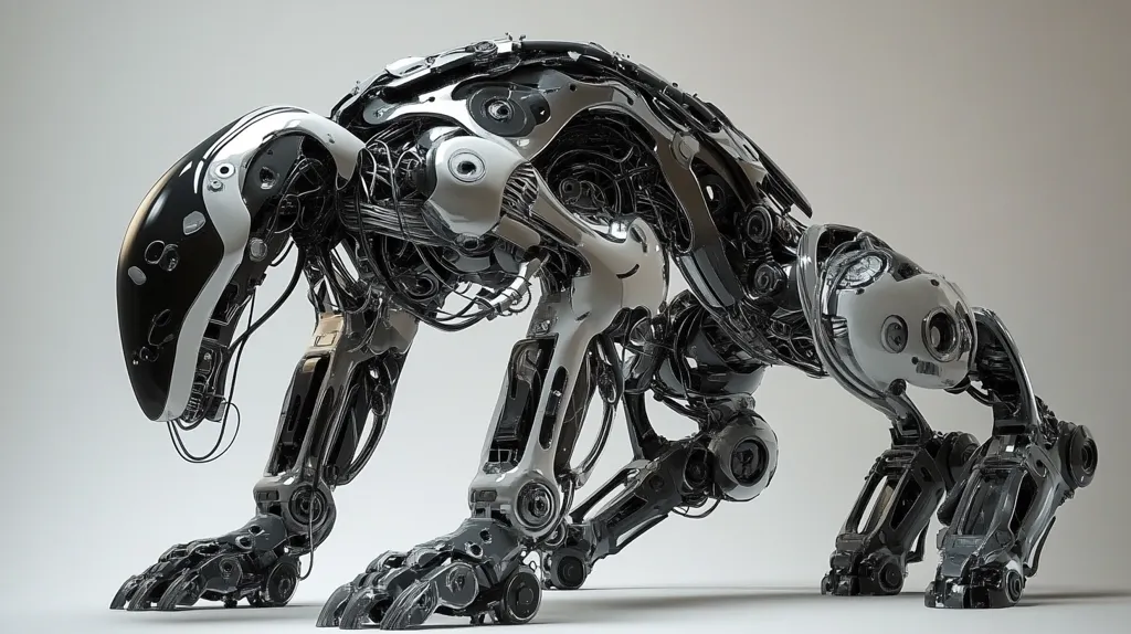 The image depicts a highly detailed, metallic robotic creature in a crouching pose. Its body is a complex network of interconnected gears, wires, and pipes, all rendered in a gleaming silver and black finish. The creature’s head is helmet-like, with large, black circular lenses. The robot’s pose suggests agility and power, showcasing a futuristic, biomechanical design.