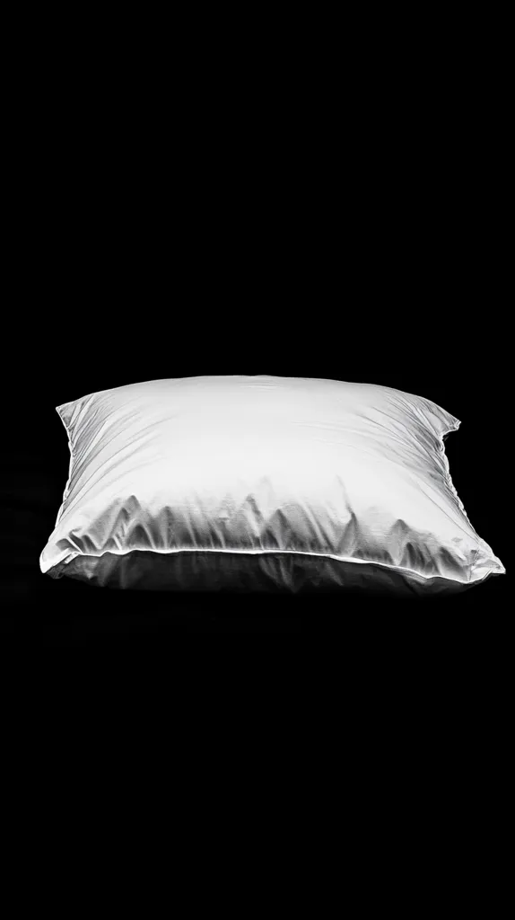 A white pillow sits on a black surface. It is rectangular in shape with a smooth, slightly textured surface. The pillow is slightly deflated, giving it a soft, comfortable appearance. The lighting highlights the pillow's shape and texture, creating a sense of depth and dimension.