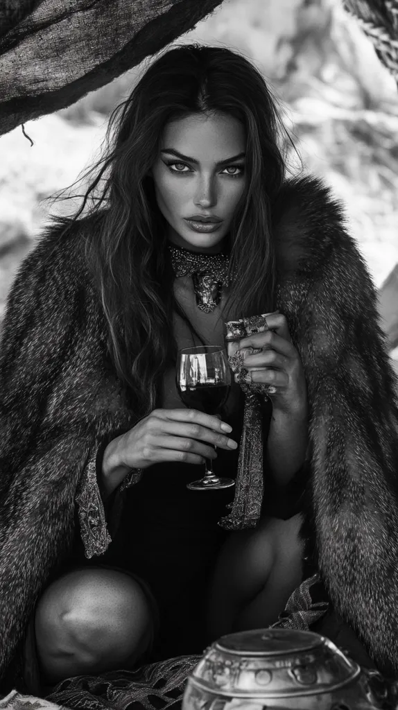 A woman in a fur coat and a necklace sits in a dimly lit space, holding a glass of red wine. Her dark hair falls around her face, framing her piercing gaze. The light catches the fur, highlighting its texture and the silver of her jewelry. The image is shrouded in mystery and intrigue, suggesting a story waiting to be unfolded.