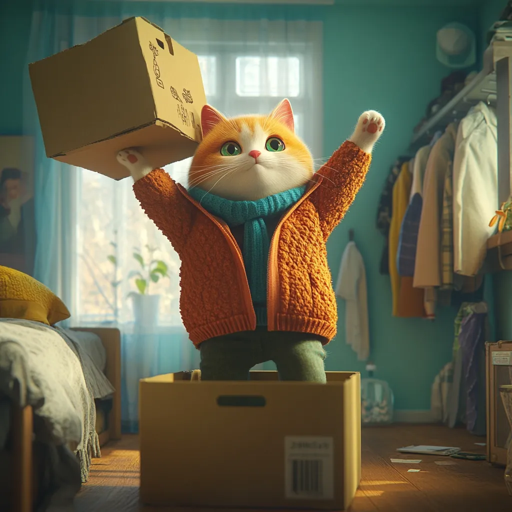 A fluffy orange cat wearing an orange sweater and blue scarf stands triumphantly holding a cardboard box above its head.  The cat is in a bedroom with a bed, a closet, and a window. The cat is standing in a smaller cardboard box,  and there are other items strewn around the room.  It appears the cat is moving or has just moved.  The cat's expression is one of joy and excitement.