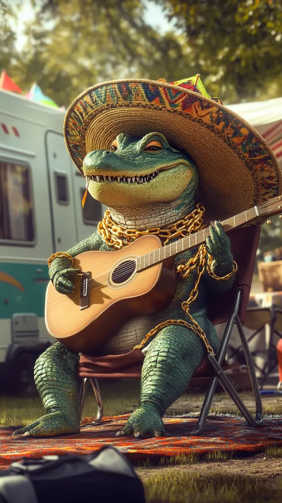 A green alligator wearing a large sombrero and a gold chain sits on a folding chair, playing an acoustic guitar. The alligator has a toothy grin and appears to be enjoying the music. The image is set outdoors, with green grass and a camper van in the background. The alligator's pose and the setting suggest a lighthearted and humorous scene.