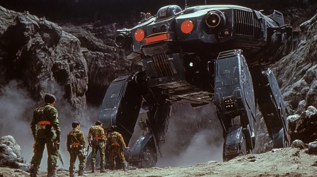 A large, imposing mechanical walker stands on a dusty, rocky terrain. It appears to be a military vehicle with a heavily armored exterior, and its legs are designed for traversing difficult terrain. Four soldiers in green fatigues observe the walker from a distance, seemingly awed by its size and power. The scene suggests a futuristic battlefield or a military operation.