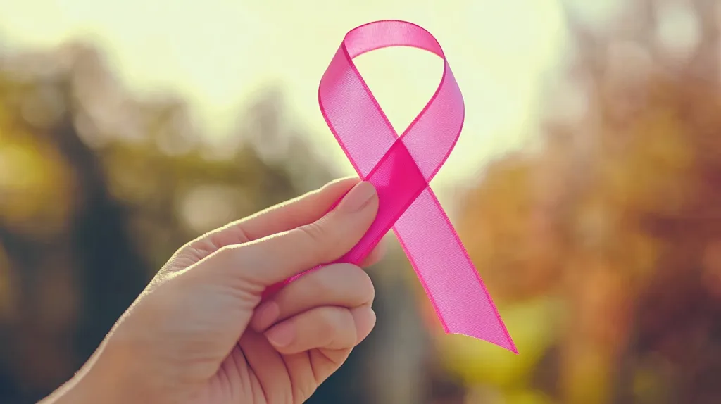 A hand is holding a pink ribbon against a blurry background of green and yellow foliage. The ribbon is a symbol of breast cancer awareness and support. The image conveys a sense of hope and solidarity.  The soft lighting and warm colors create a peaceful and hopeful atmosphere.
