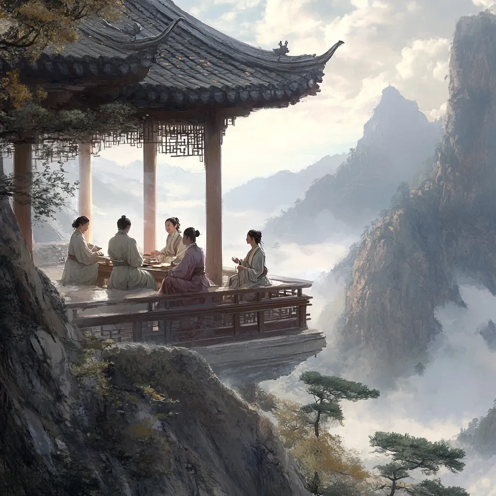 Five women in traditional Chinese clothing are seated around a table on a balcony overlooking a misty mountain landscape. The balcony is built into the side of a sheer cliff and the pavilion behind them is open to the elements. The scene evokes a sense of tranquility and serenity. The women are engaged in conversation, while the misty mountains provide a breathtaking backdrop.  The image is painted in a soft, ethereal style that emphasizes the beauty of nature.
