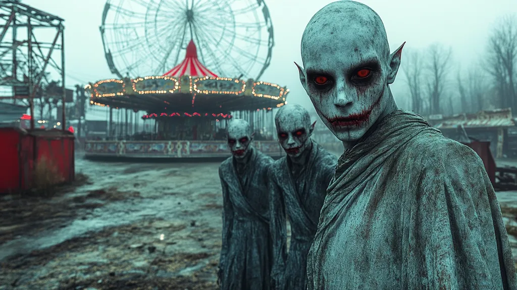Three pale figures with pointed ears and unsettling smiles stand in front of an abandoned carnival. They are wearing long, grey robes and have a ghostly, otherworldly appearance. The scene is shrouded in a thick fog, adding to the eerie atmosphere. The Ferris wheel in the background is a stark reminder of a time when the carnival was alive and bustling. The figures' unsettling presence suggests something sinister is about to happen.