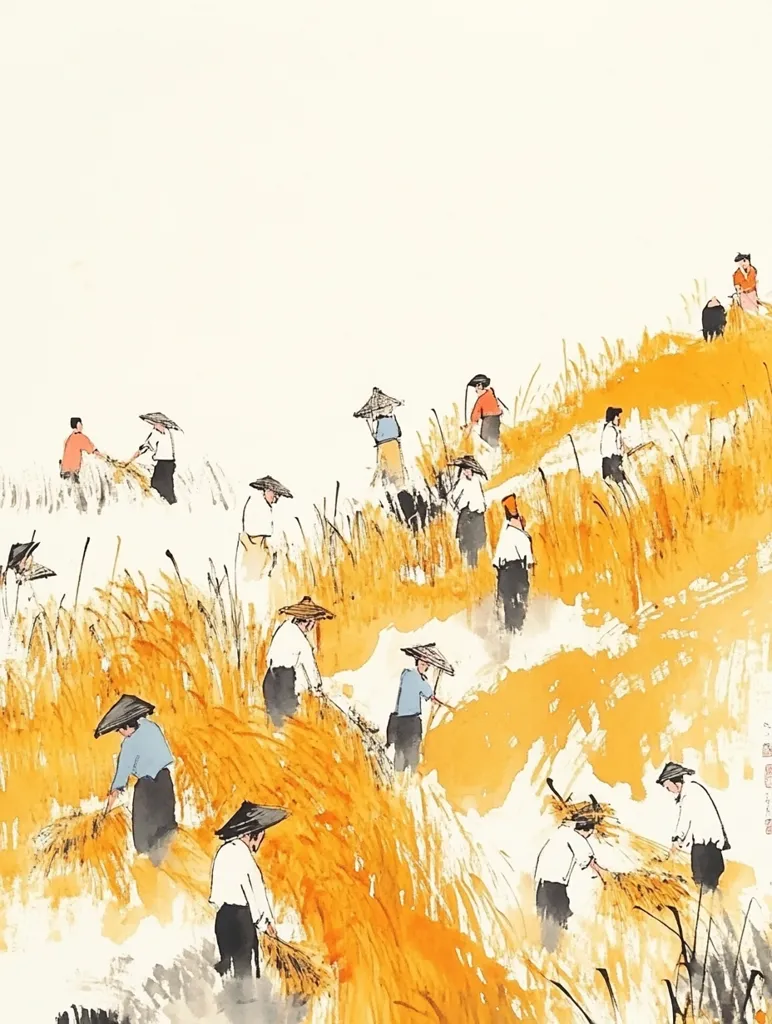 The painting depicts a scene of farmers working in a field of golden wheat. The farmers, wearing straw hats, are bent over, harvesting the ripe wheat. The painting is done in a loose and gestural style, with washes of color and ink creating a sense of movement and energy. The overall effect is one of peace and tranquility, capturing the rhythm of life in the countryside.