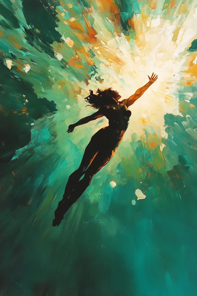 The image is an abstract painting of a woman swimming upwards toward a bright light. Her silhouette is outlined against a vibrant teal and green background with hints of yellow and orange. The brushstrokes are bold and dynamic, suggesting a sense of movement and energy. The woman's upward reach towards the light could symbolize hope, aspiration, or a spiritual awakening.  The overall mood is one of joy and liberation.