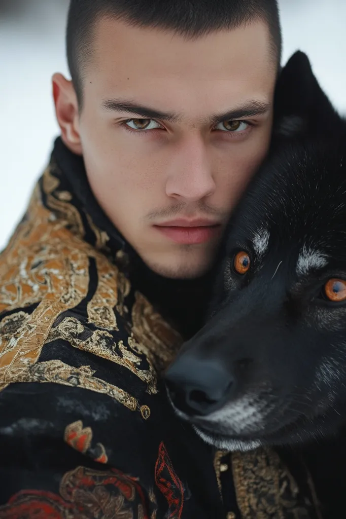 A young man with short dark hair and intense eyes gazes directly at the viewer, his face partially obscured by a black wolf with amber eyes. He is wearing a black jacket with gold embroidery and a fur collar. The image is close-up and intimate, highlighting the connection between the man and animal.