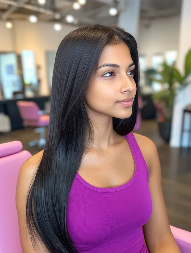 A young woman with long black hair, wearing a purple tank top, sits in a pink salon chair. She looks to her right, her expression is calm and her makeup is natural. The salon background is out of focus.