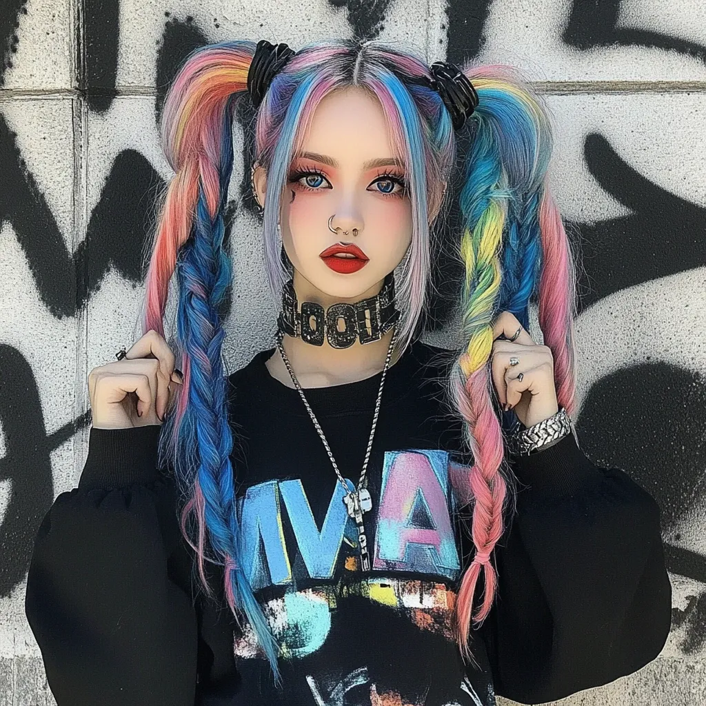 A young woman with bright, colorful hair styled in two braids is posing against a graffiti wall.  She's wearing a black sweater over a band t-shirt,  a black choker and a silver chain with a key charm.  Her makeup is bold, with dark eyeliner and bright red lipstick.  Her expression is serious, and she's looking directly at the camera.
