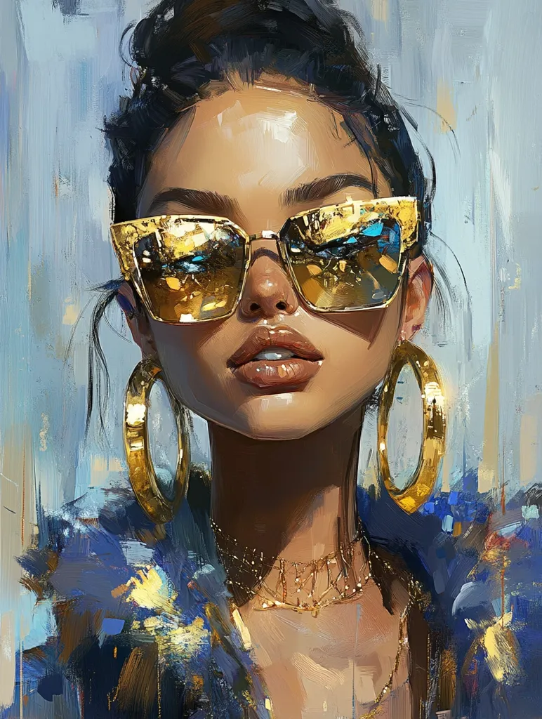 A woman with dark hair and brown skin is looking directly at the viewer. She is wearing large gold hoop earrings, gold sunglasses, and a gold necklace. She is wearing a blue jacket. The painting is done in a stylized way, with visible brushstrokes and a painterly aesthetic. The woman's expression is confident and alluring. The background is a blurry blue and white, creating a sense of depth and mystery.