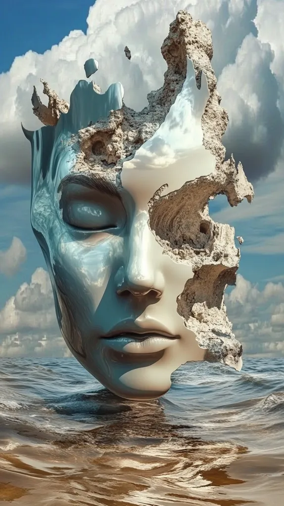 The image depicts a surreal sculpture of a face partially eroded by stone, with a large, gaping hole where the eye should be. The sculpture is set against a backdrop of a cloudy sky and a blue ocean, suggesting a sense of mystery and contemplation. The smooth, metallic skin of the sculpture contrasts with the rough texture of the stone, creating a visually striking effect.
