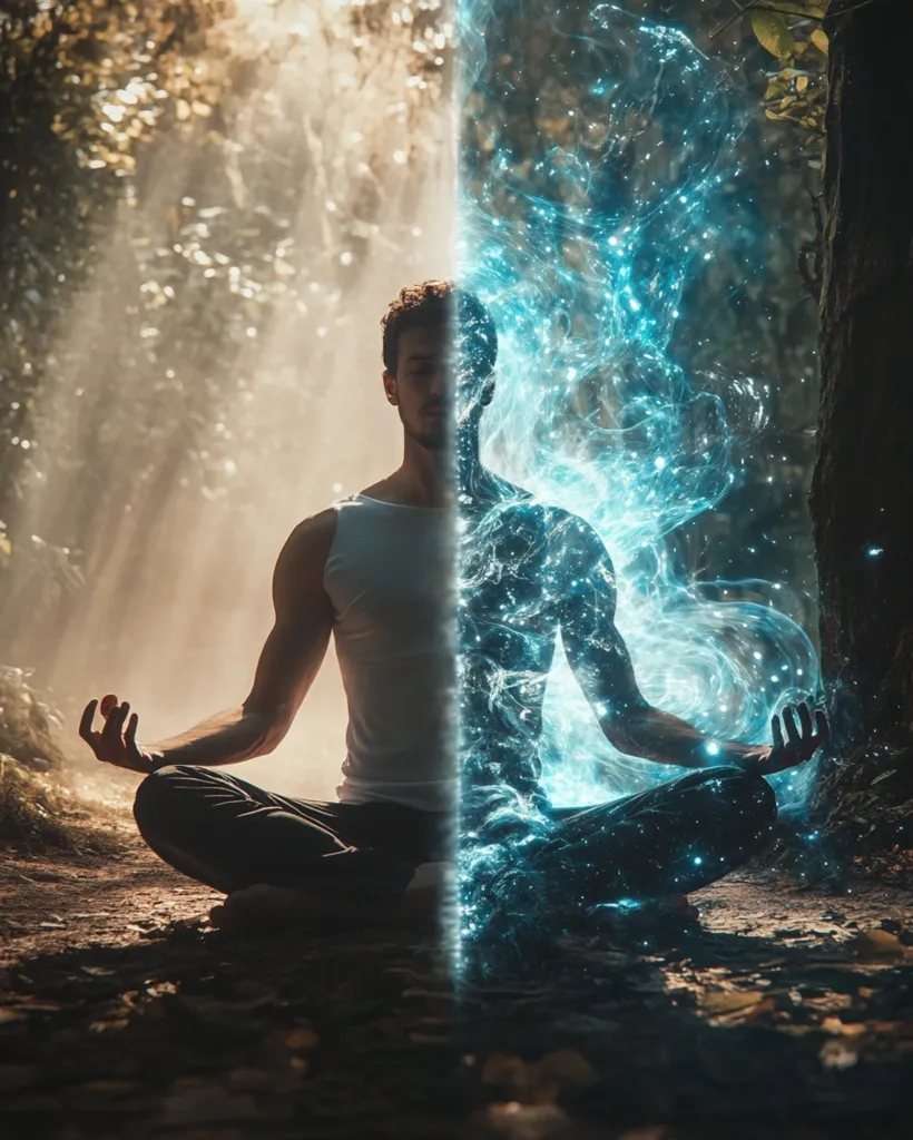 A man sits in a meditative pose, his body split in two. One half is a physical form, sitting in the forest, with sunlight streaming through the trees. The other half is a swirling, blue and white energy, radiating light and energy. The image suggests a connection between the physical and spiritual, or a journey of transformation.