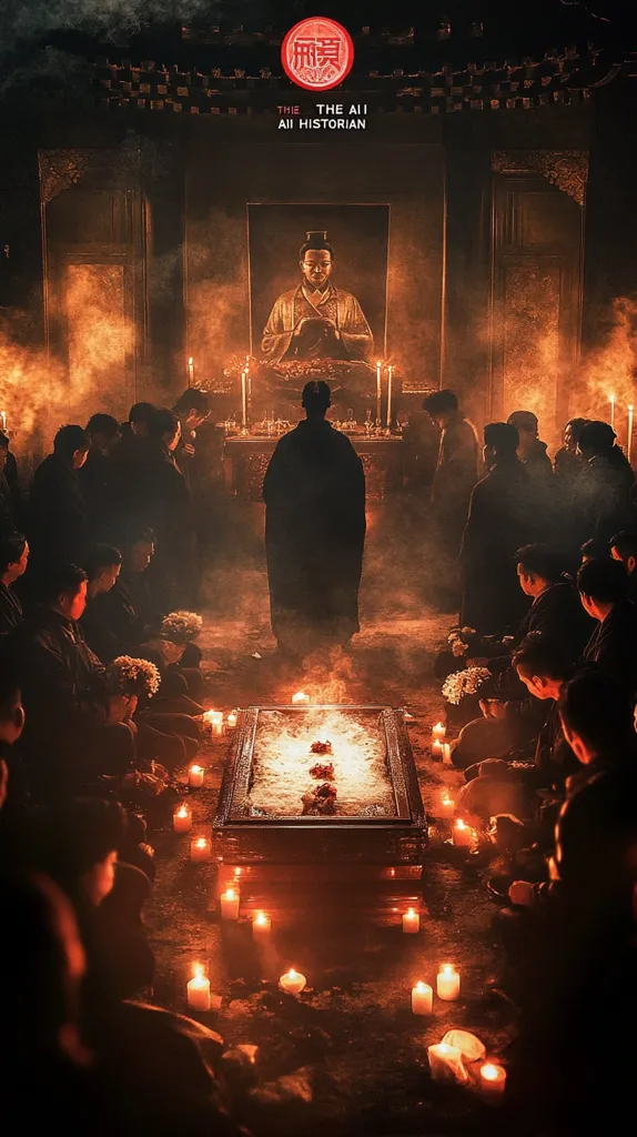 A group of people dressed in black are gathered in a dimly lit room, seemingly paying respects. The room is filled with smoke and lit by candles. In the background, a portrait of a man in traditional clothing hangs above a table. The title "The AI Historian" is displayed at the top. The overall mood is somber and reflective, suggesting a scene of mourning or remembrance.