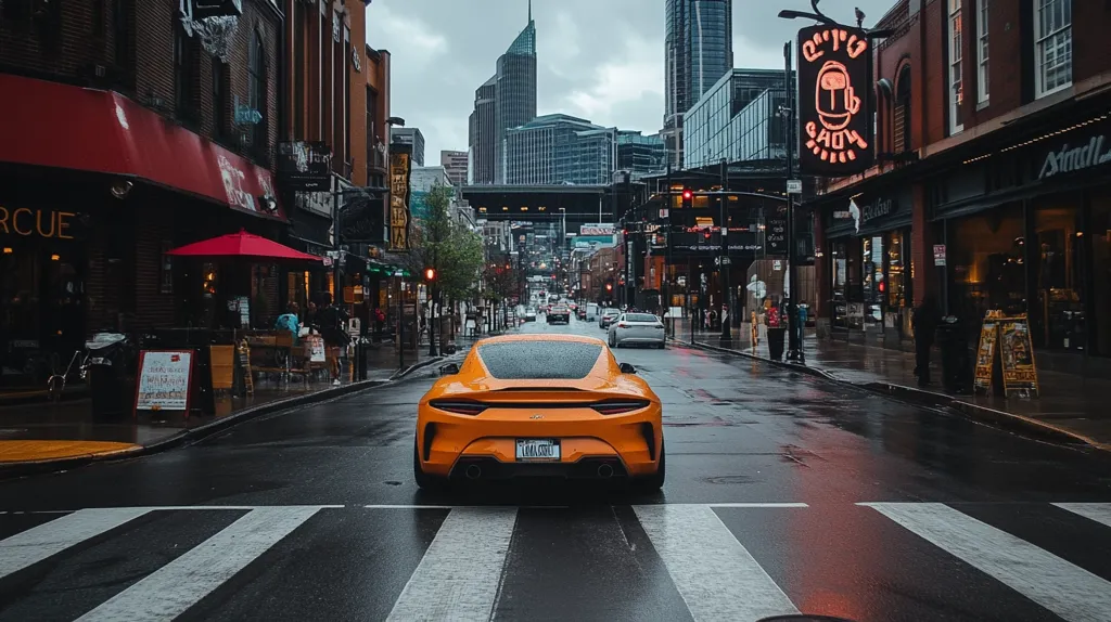 A bright orange sports car drives down a wet city street, framed by tall buildings and street lamps. The car is in the middle of a crosswalk, with the wet asphalt reflecting the city lights. The buildings are brick and concrete, and some have signs and awnings. The atmosphere is urban and moody.