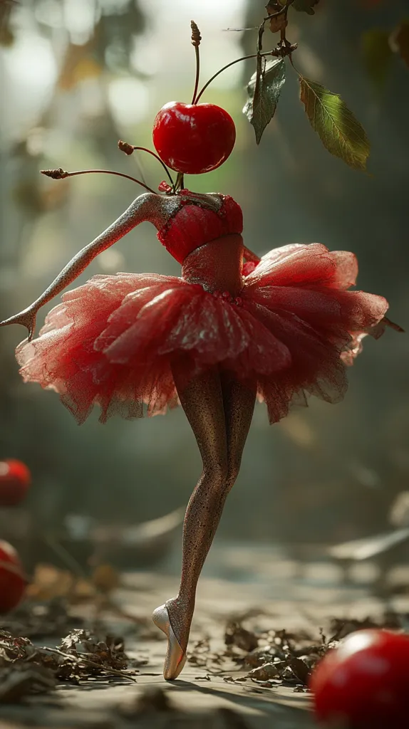 A surreal image of a ballerina with a cherry for a head. She is wearing a red tulle tutu and pointe shoes, standing on a forest floor. The background is blurred, creating a dreamy effect. The cherry head and the ballerina's body are connected by a stem and leaves.
