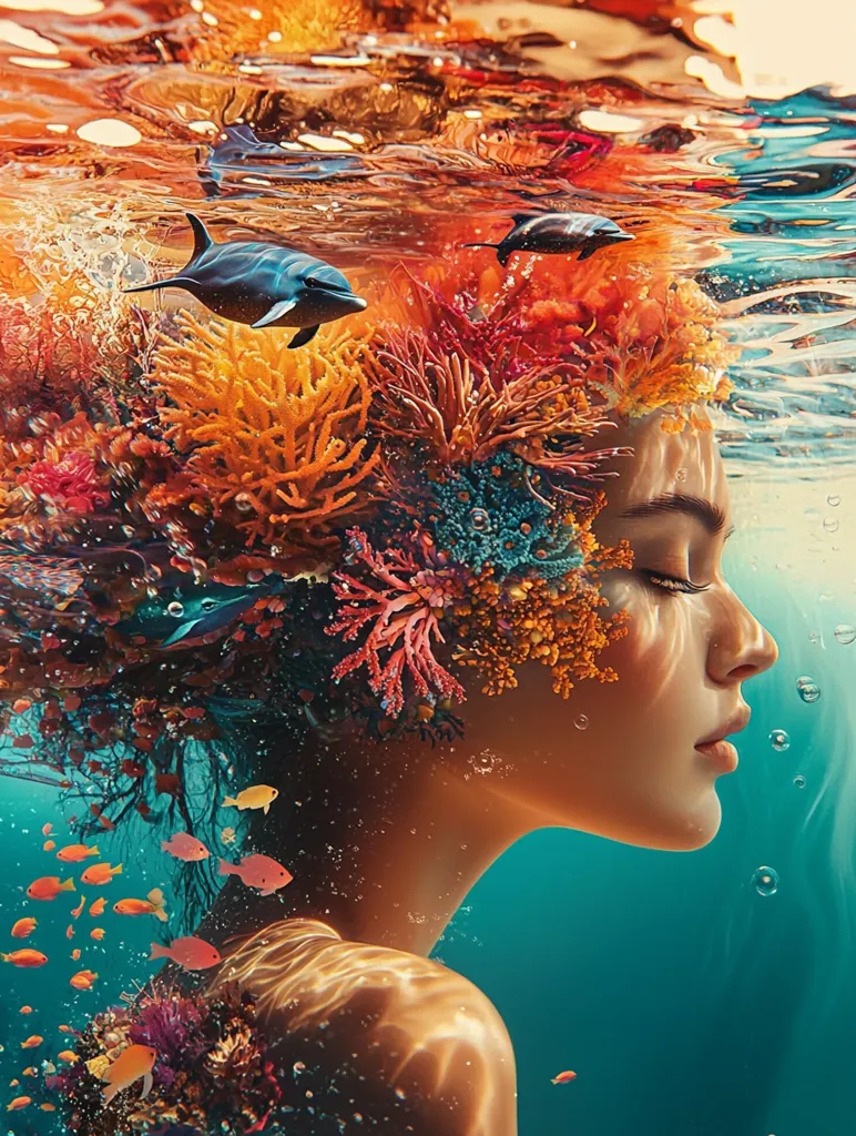 A close up of a woman with ocean elements like coral, sea flowers and dolphins in her hair. Swirling Mandelbrot rainbows fractals float around her casting colorful reflections on her serene face. Mixes fractal patterns with light and water. Intricate fractals, photorealistic ocean details, dreamlike composition, ultra HD --chaos 13 --ar 3:4 --quality 2 --sref https://s.mj.run/R5Sf1iMGp2w https://s.mj.run/eDM1eRuK9G8 --personalize ojaumcv --stylize 700 --weird 5 --v 6.1