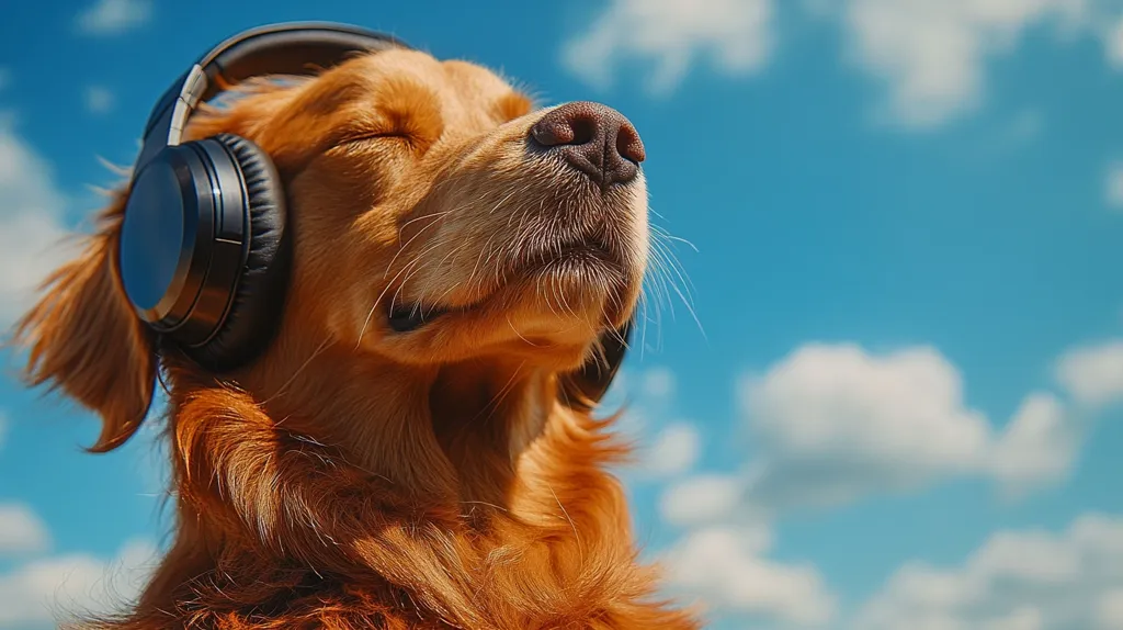 A golden retriever with its eyes closed, wearing black headphones, is enjoying the music against a backdrop of a bright blue sky with fluffy white clouds. The dog's fur is soft and golden, and its relaxed expression suggests a peaceful state of mind.  The image captures a moment of pure contentment and relaxation, highlighting the bond between humans and their animal companions.