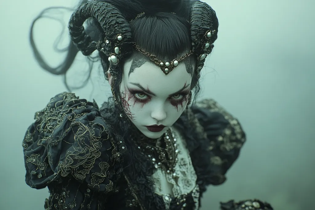 A woman with dark hair and horns adorned with jewels wears a black gown with intricate gold embroidery. Her face is painted white with dark red accents around her eyes, giving her a haunting and ethereal appearance. The background is a hazy green, adding to the mysterious atmosphere. She looks directly at the viewer with an intense gaze, hinting at a powerful presence. The overall image evokes a sense of gothic elegance and dark beauty.