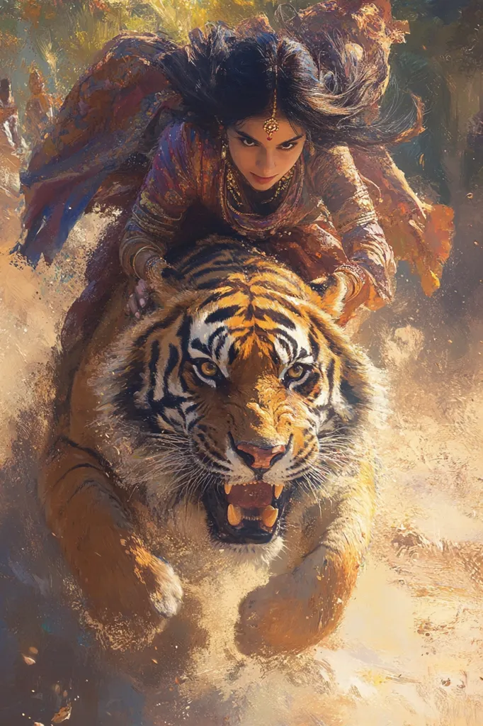 A woman in a colorful, flowing gown rides atop a large, snarling tiger as they run through a desert landscape.  The tiger's fur is a mixture of orange and black stripes, and its mouth is open wide, revealing sharp teeth. The woman's dark hair flows behind her, and she looks determined. The background is a blur of sand and dust.