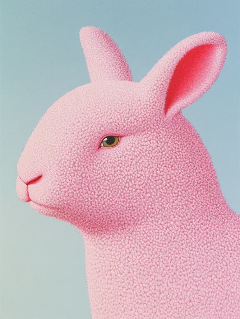 A close-up portrait of a pink bunny rabbit with a textured, fuzzy coat. Its eye is visible, looking off to the side. The rabbit's head is tilted slightly, and its ear is pointed forward. The background is a soft blue. The image has a surreal and playful feel.