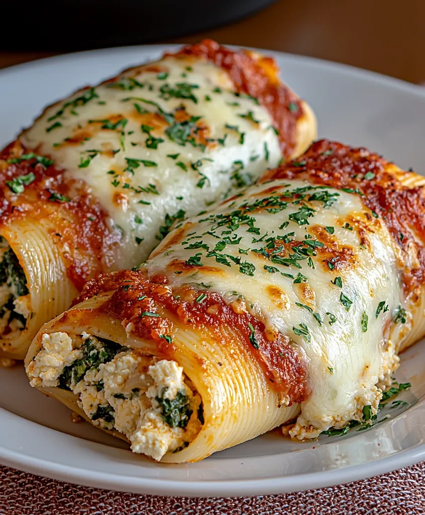 Two large pasta shells are filled with a ricotta and spinach mixture, topped with marinara sauce and melted mozzarella cheese, and sprinkled with fresh parsley. They are served on a white plate. The pasta looks delicious and inviting.