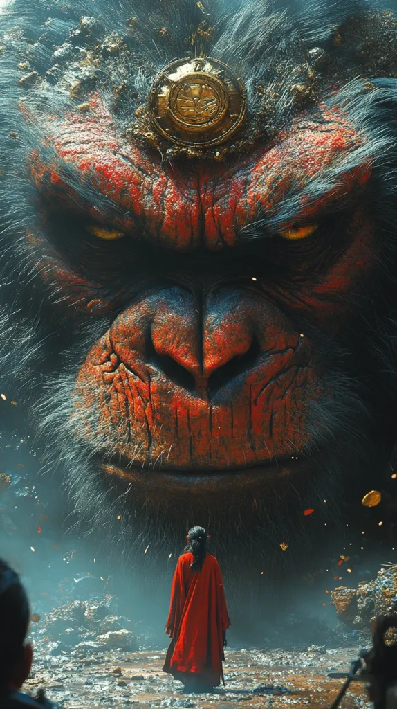 A woman in a red robe stands before a giant, menacing monkey with glowing eyes. The monkey's fur is dark and textured, and its face is red and wrinkled. The woman appears small and vulnerable in comparison to the beast. The scene evokes a sense of danger and awe. The background is filled with swirling mist and floating petals, creating a surreal and otherworldly atmosphere.