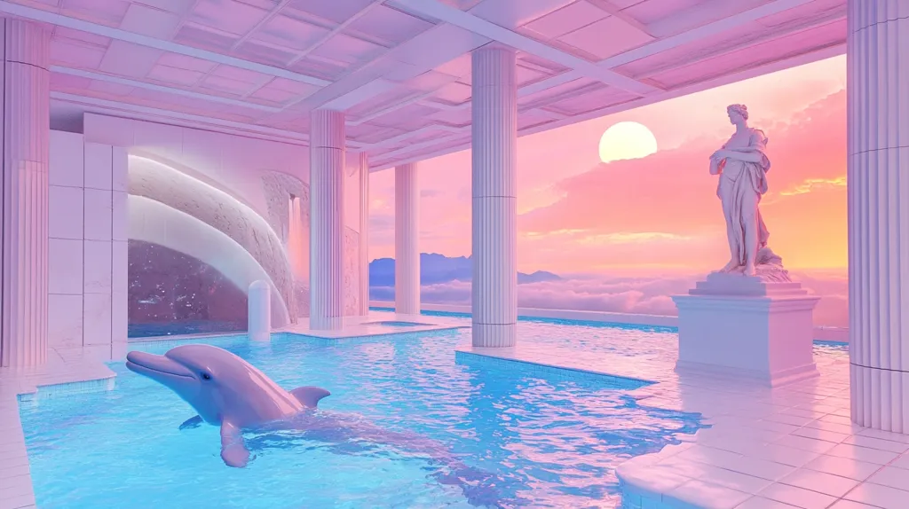 A white dolphin swims in a pristine pool, surrounded by white pillars and a pink sunset. A white statue of a woman stands tall overlooking the water, casting a serene presence. The scene is a surreal blend of natural beauty and classical architecture, bathed in soft, pastel hues. The overall atmosphere evokes tranquility and a sense of ethereal beauty.
