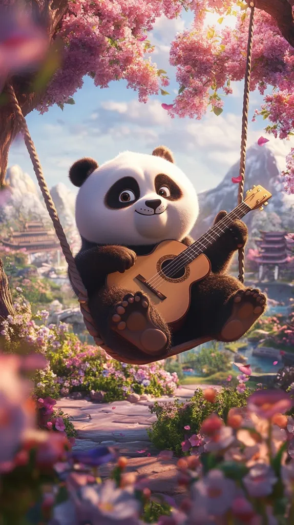 A cute panda sits on a swing, strumming a guitar while smiling.  It's a beautiful day, with pink blossoms falling from the trees and a path leading into a colorful garden. The panda's joyful expression suggests a happy and carefree moment. The image evokes a sense of peace and happiness.