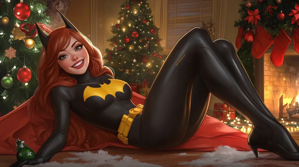 Batgirl is relaxing by a fireplace on Christmas Eve. She is wearing her black and yellow suit and is surrounded by Christmas decorations.  She is smiling and looks happy to be spending the holiday season in her home. The image is a beautiful illustration of a superhero enjoying the festive season.