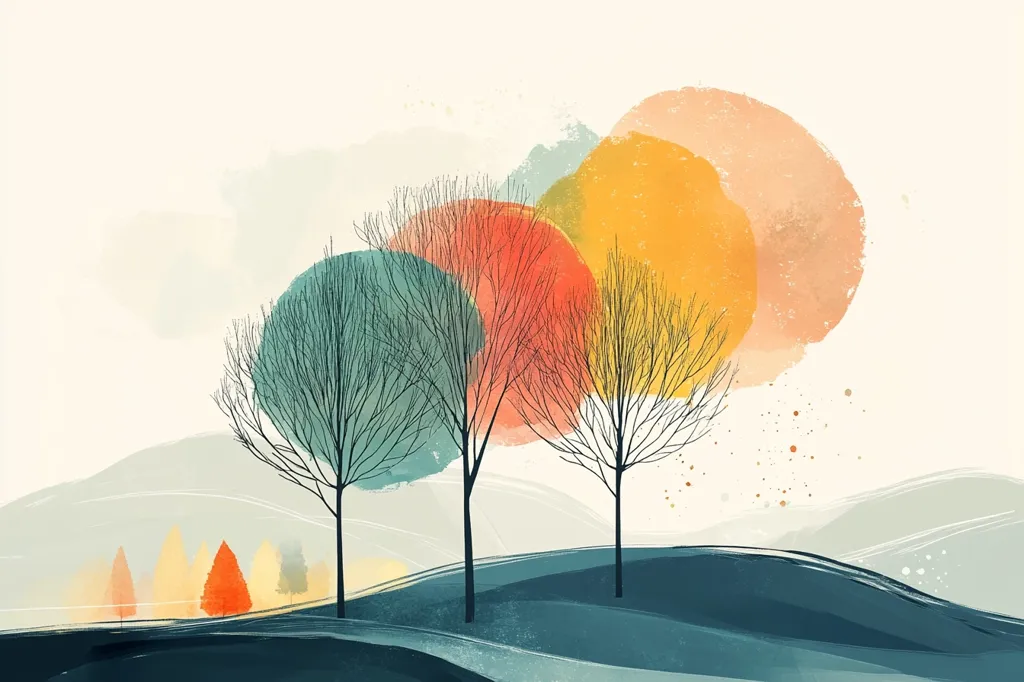 A minimalist landscape painting with three bare trees in the foreground. They stand against a backdrop of soft, watercolor-style hills and colorful, overlapping circles in muted tones of peach, yellow, and teal. The overall effect is serene and tranquil, evoking a sense of peace and quiet.