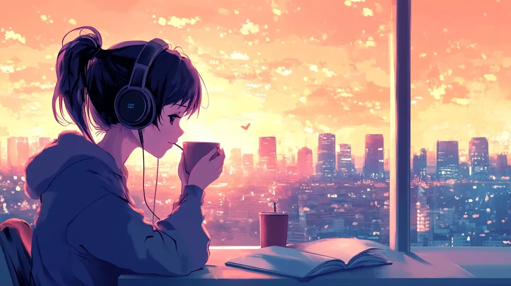An anime girl with headphones and a ponytail sits by a window overlooking a cityscape at sunset. She is holding a cup of coffee and looking out the window. There is a book on the table beside her.  The colors are soft and warm, creating a sense of peace and tranquility.