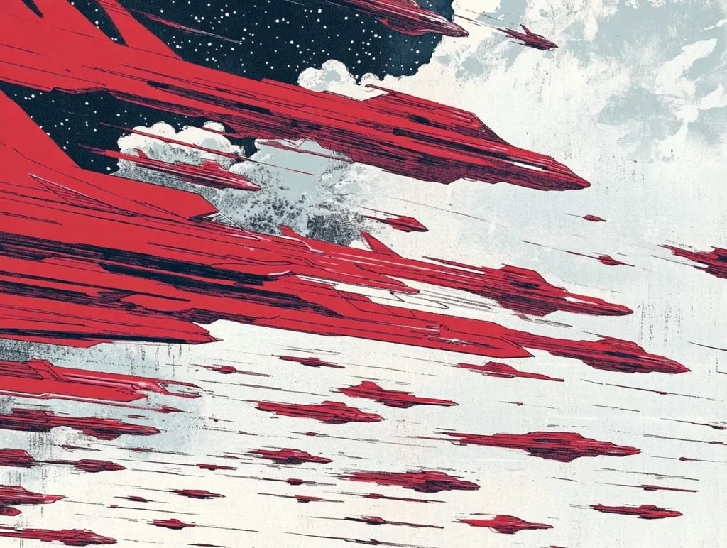 The image depicts a large fleet of red spaceships flying in formation, with the perspective suggesting they are moving at high speeds. The ships are blurred, creating streaks of red against a white background.  The sky has hints of clouds and a starry backdrop, emphasizing the vastness of space. The overall mood is one of action and movement.