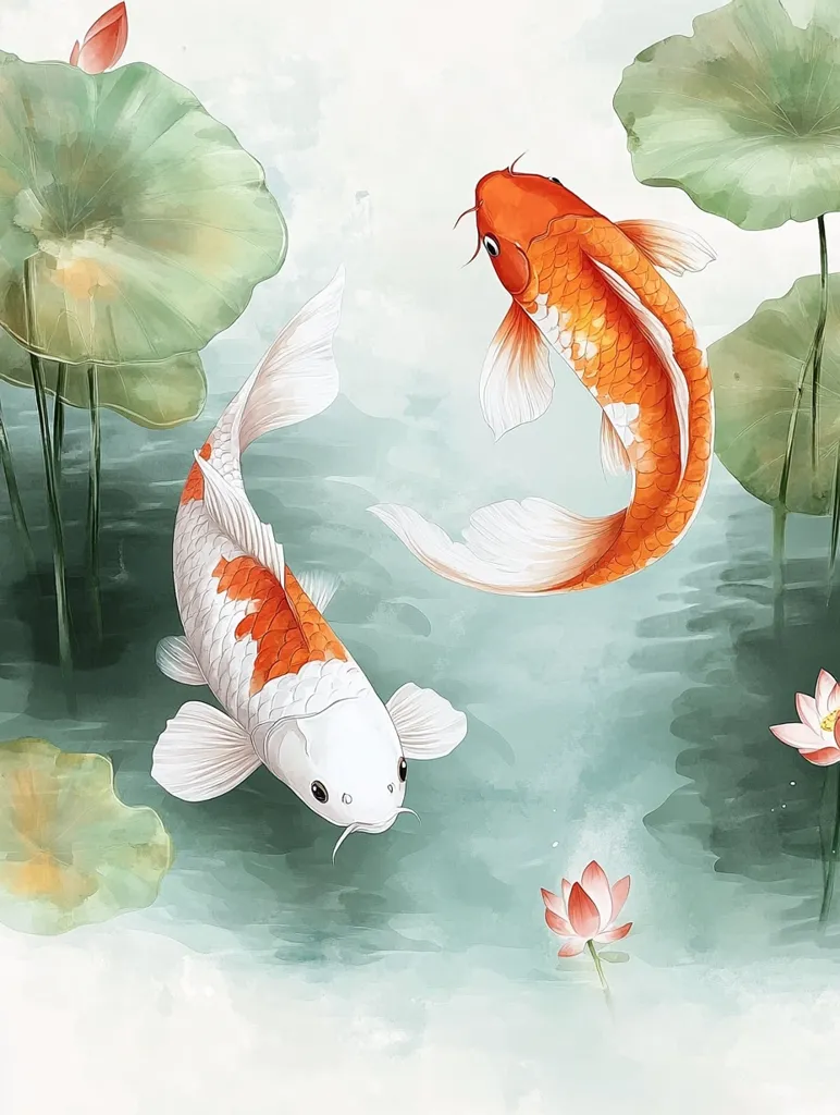 The image depicts two koi fish swimming in a pond. One fish is white with orange markings, while the other is orange with white markings.  The water is clear and blue, and there are large green lily pads floating on the surface. The painting is done in a delicate, almost watercolor style, with soft colors and blurred edges.  The overall feeling is one of peace and serenity.