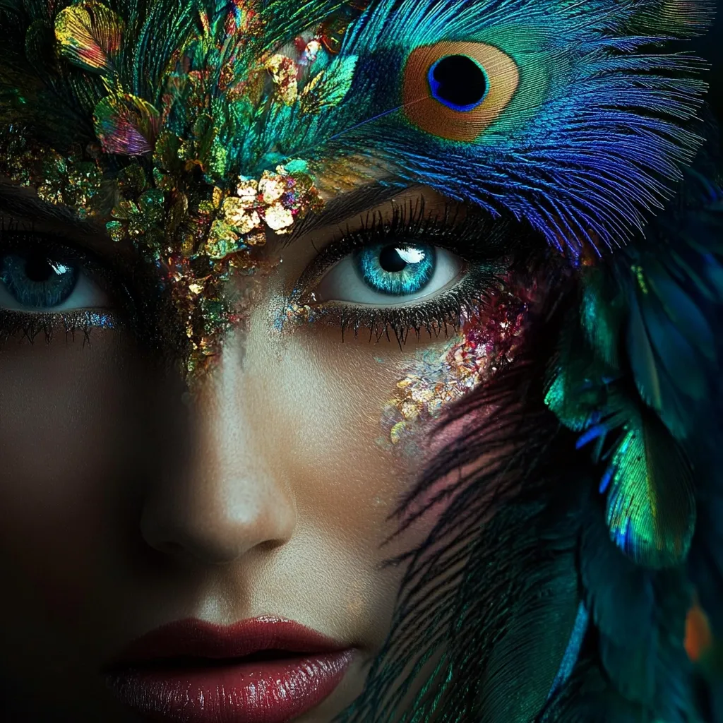 The image is a close-up portrait of a woman with her face adorned with peacock feathers and intricate gold makeup. The feathers are predominantly blue and green, with hints of gold and purple. Her eye makeup is bold, with black eyeliner and blue eyeshadow. Her lips are painted a deep red, adding a dramatic touch to the overall look. The image captures the beauty of nature and the artistry of makeup, creating a visually stunning and captivating scene.