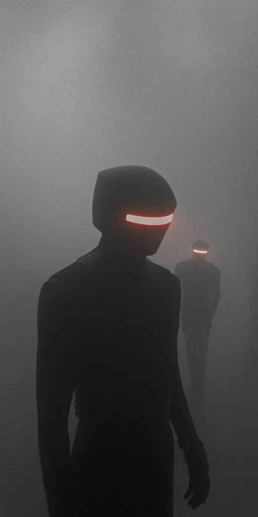 Two figures, obscured by fog, stand in a gray, empty space. The figure in the foreground wears a helmet with a red stripe, while the figure in the background is partially obscured, with only a helmet visible. Both figures are silhouetted against the hazy background, creating an enigmatic and mysterious atmosphere.