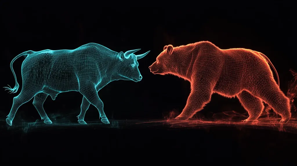 A blue, wireframe bull and a red, wireframe bear face each other in a dark setting. The bull is on the left, with its horns pointed at the bear, who is on the right. The animals are facing each other, ready to charge. The image is a representation of the stock market's constant battle between bullish and bearish sentiment. The animals are depicted as wireframes to symbolize the abstract and complex nature of financial markets.