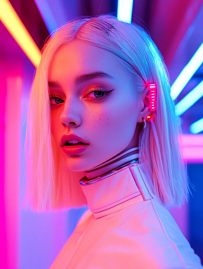 A young woman with platinum blonde hair and bright blue eyes stares intensely at the camera. She is wearing a white collared jacket and a silver choker. Her face is illuminated by a pink and blue neon light, creating a striking and futuristic aesthetic.  The background is a blur of vibrant colors, suggesting a neon-lit cityscape.