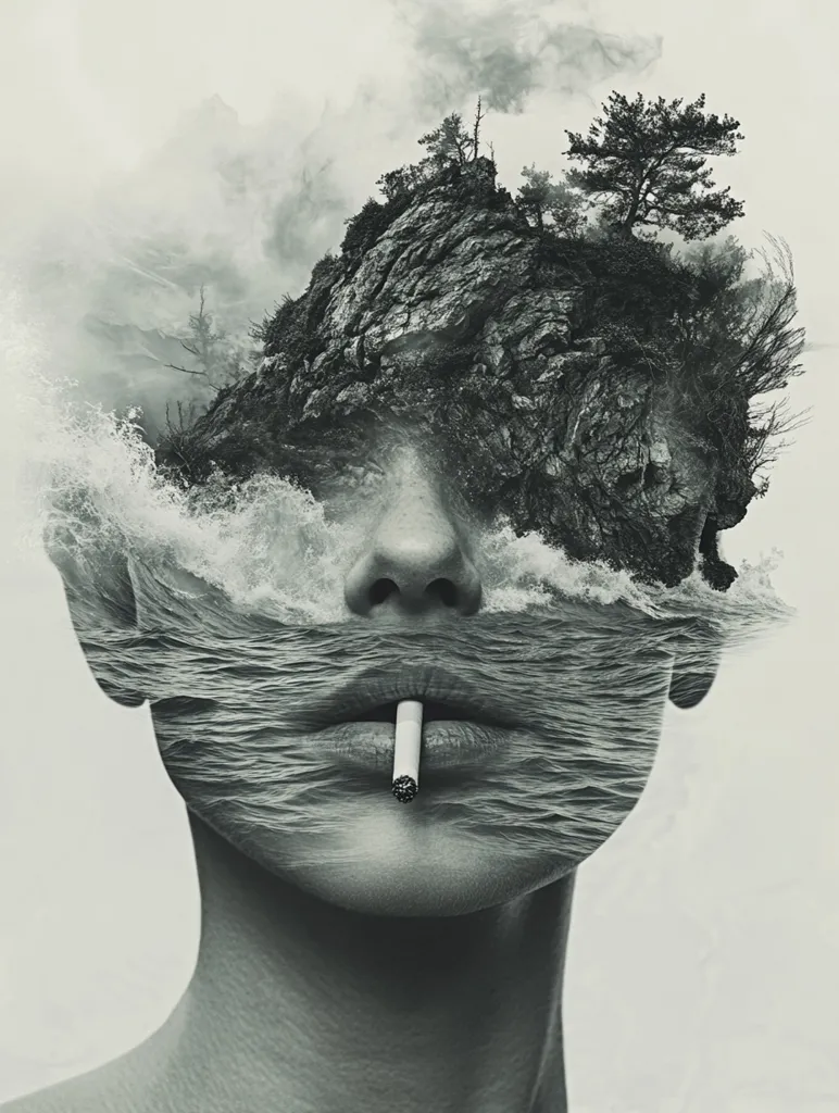 A black and white photo of a person's face with a rocky island and ocean waves superimposed. The person's mouth is slightly open, and a cigarette is hanging out of it. The image has a dreamlike, surreal quality.
