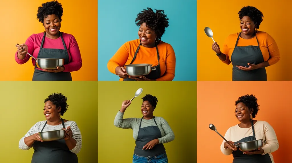 A collage of six images featuring a woman of color in an apron, each with a different background color. The woman is holding a pot and a spoon, expressing joy and excitement while cooking. The collage captures a playful and energetic mood, highlighting the woman's love for cooking.