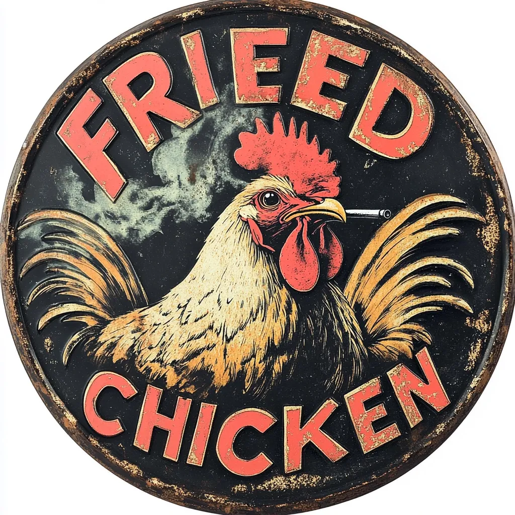 The image depicts a round, black metal sign with a distressed finish. The sign features a cartoon-style rooster with a red comb and a cigarette hanging from its beak. The rooster is depicted in a relaxed pose, with its tail feathers spread out behind it. The words "FRIED CHICKEN" are written in red, bold letters around the rooster. The sign has a vintage, retro feel, and would likely be found in a restaurant or bar that serves fried chicken.