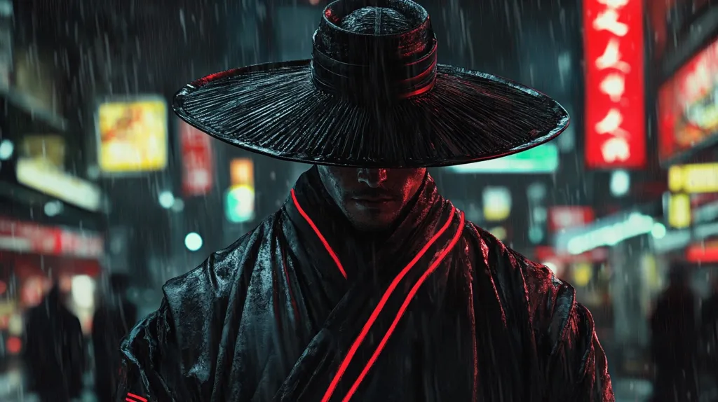 A man in a black robe and wide-brimmed hat stands in a rain-soaked city, the neon lights of shops reflecting off his wet clothing. His face is obscured by the shadows of his hat, but his intense gaze suggests a sense of determination or secrecy. The image evokes a sense of mystery and intrigue, with the rain and the city lights creating a moody and atmospheric setting.