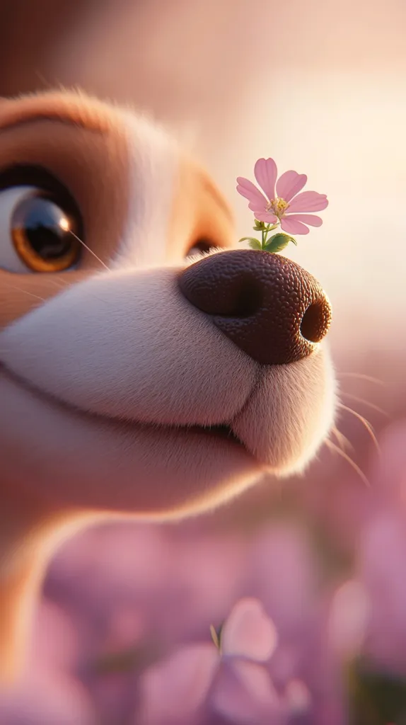 A close-up of a dog's face, with a soft pink flower resting on its nose. The dog's expression is gentle and curious, its brown eye gazing at the viewer. The background is a soft, pink blur of flowers. The image conveys a sense of tenderness and the beauty of nature.