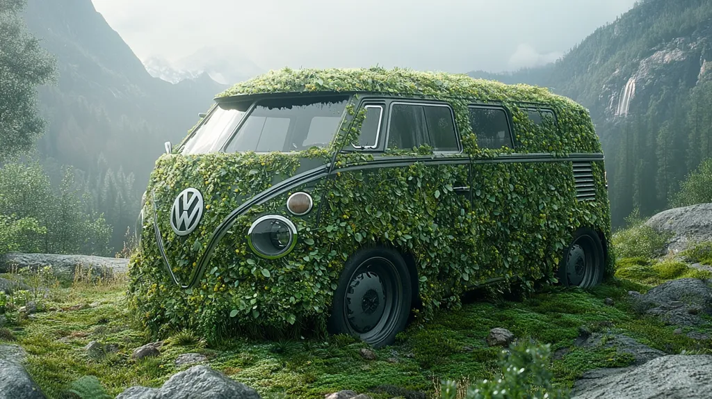 A vintage Volkswagen van is almost entirely covered in lush green foliage, parked on a rocky path in a misty forest. The van's iconic logo is visible through the vines. The lush green forest and waterfall in the background create a picturesque, almost surreal, scene. The image evokes a sense of nature reclaiming the man-made, a harmonious blend of nature and industry.