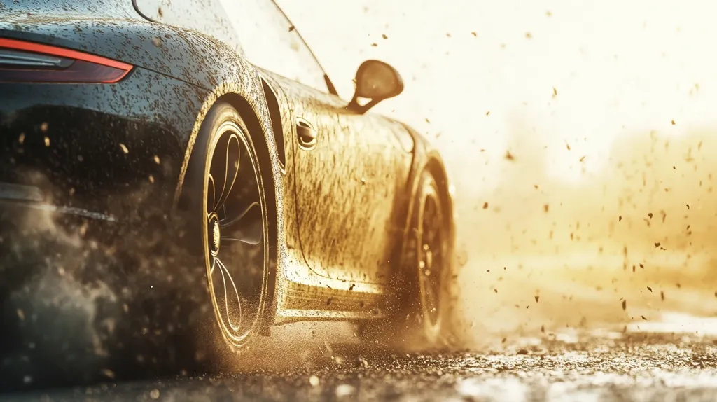 A black sports car with a large rear wheel is speeding along a dirt road, kicking up a cloud of dust and debris. The sun is shining brightly in the background, casting a golden glow on the car and the surrounding landscape. The car is in motion, creating a sense of speed and excitement.