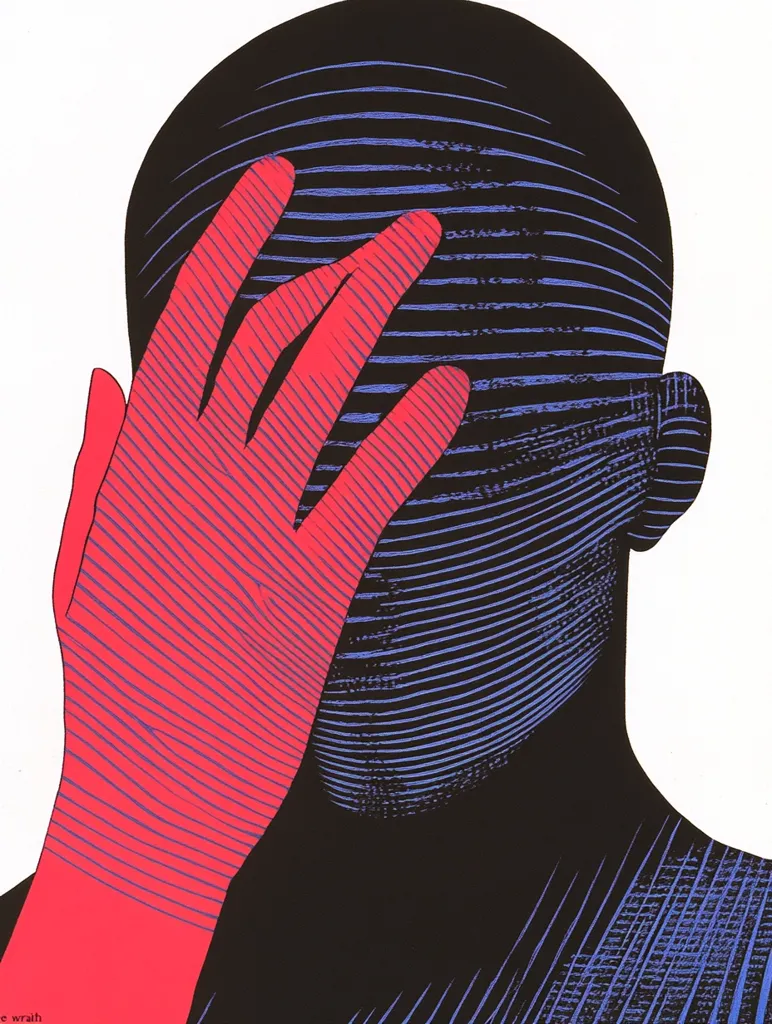 A stylized, graphic depiction of a person's head, partially obscured by a large, red hand. The image is composed of bold, contrasting colors and lines, creating a strong visual impact. The hand appears to be covering the face, suggesting a sense of shame, secrecy, or denial. The overall effect is abstract and suggestive, leaving the viewer to interpret the meaning.