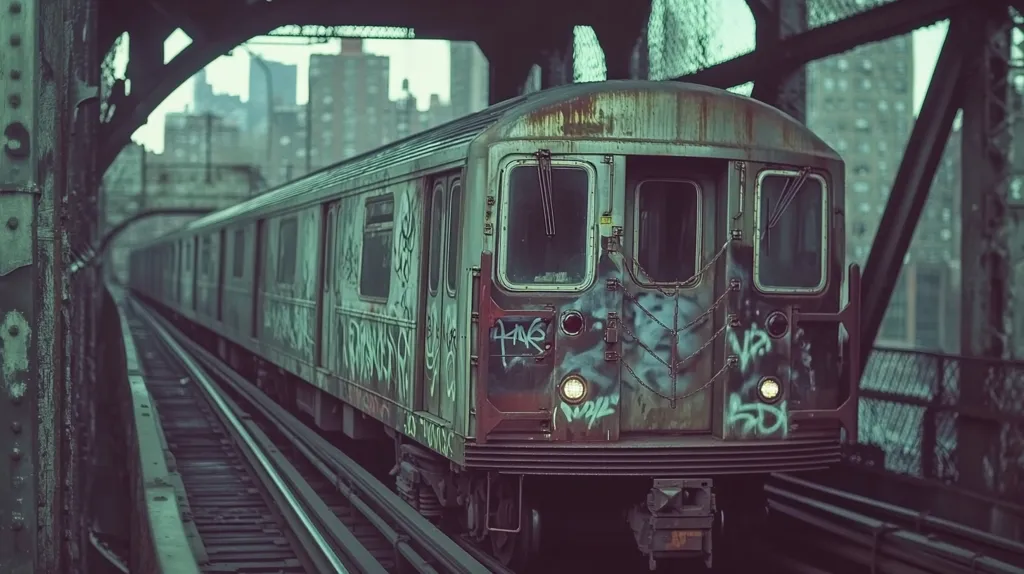A weathered subway train, covered in graffiti, travels through an urban overpass. The train is moving forward, its lights illuminating the tracks. The image is captured from the perspective of someone standing close to the track, giving a feeling of being in the moment and close to the action. The muted tones of the image create a sense of melancholy and urban decay.