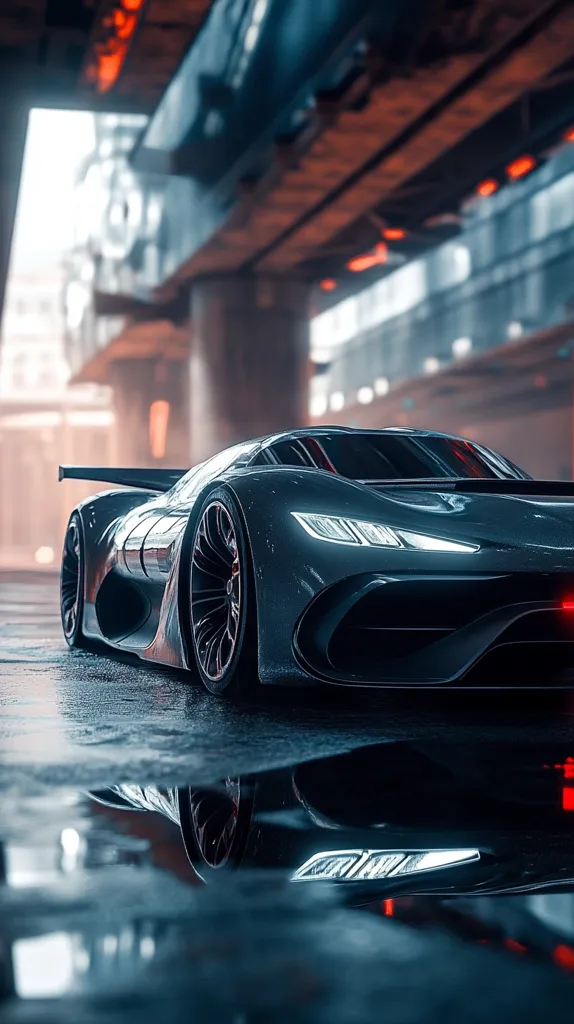 A sleek black sports car is parked under a concrete overpass. The car is reflected in a puddle on the wet ground. The overpass is lit by red lights, casting a warm glow on the scene. The car's smooth lines and aggressive design suggest high performance and luxury.  The image has a futuristic and stylish aesthetic.